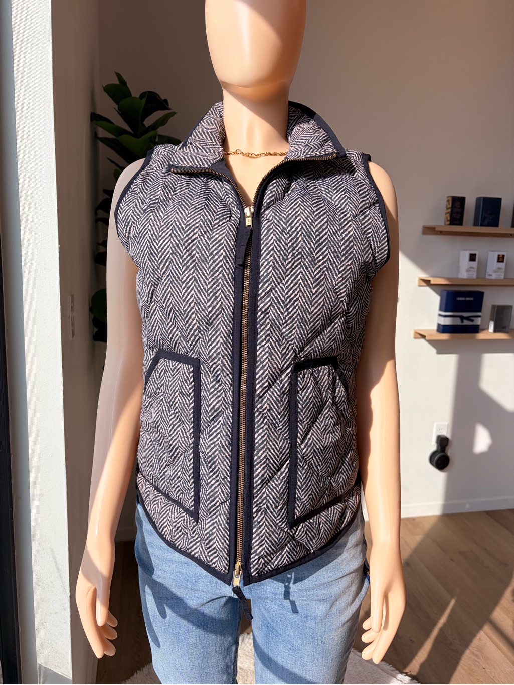 J. Crew Black & White Quilted Herringbone Zip Vest